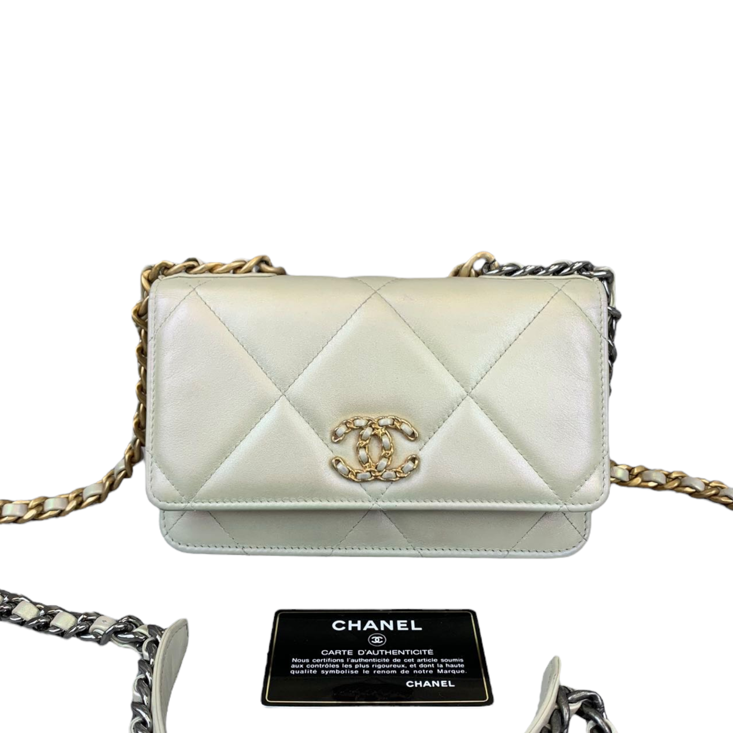 Chanel 19 Quilted Wallet on Chain WOC Iridescent White Mixed Hardware –  Coco Approved Studio