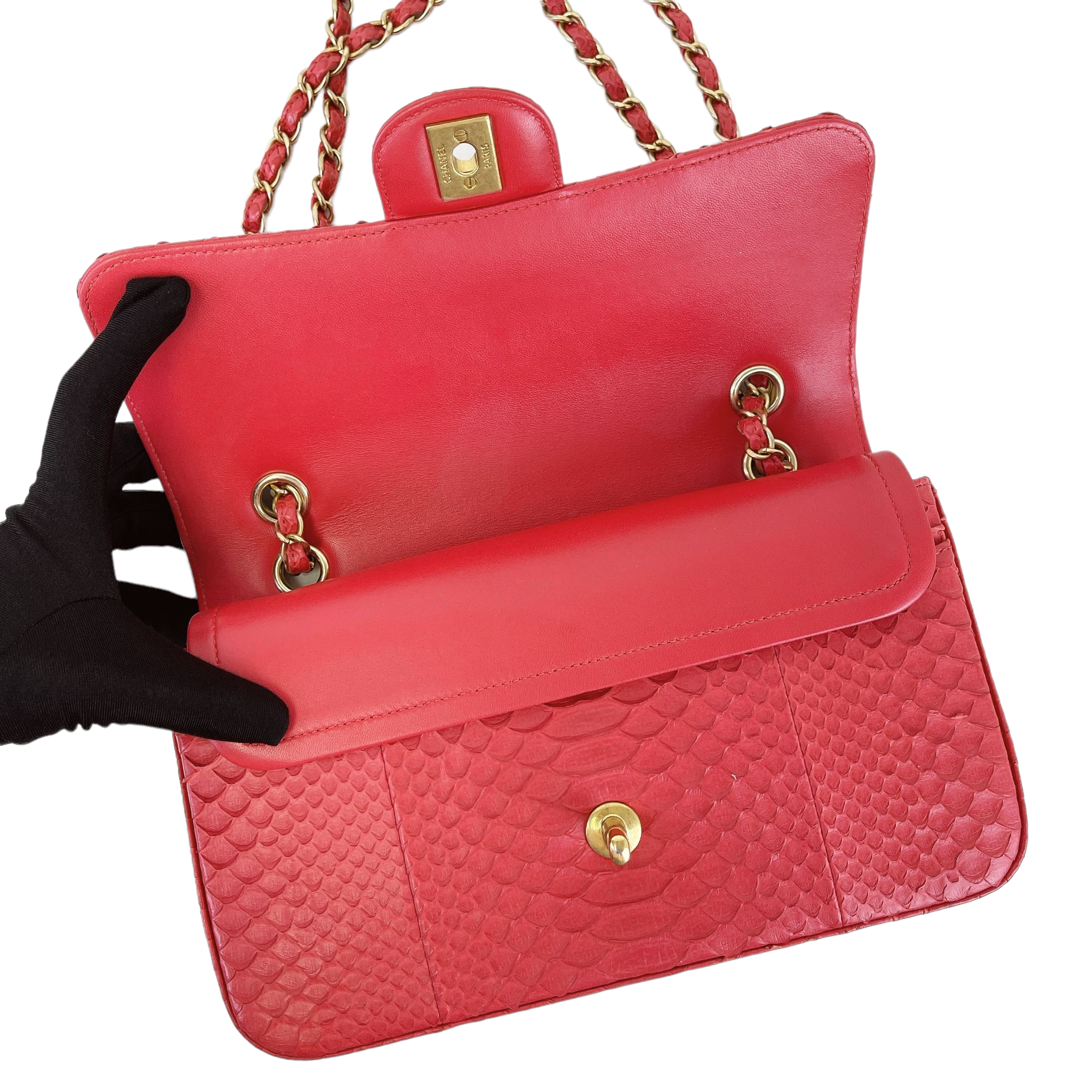 Classic Flap Medium Bag Python Red GHW – Bag Religion