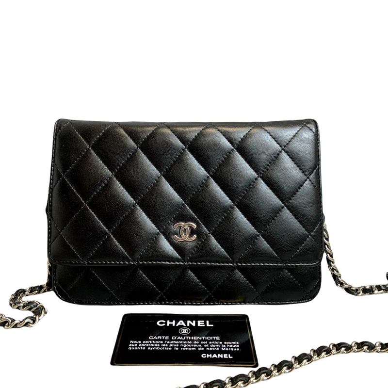 CHANEL Lambskin Quilted Sweet Camellia Wallet on Chain WOC Black 1265757