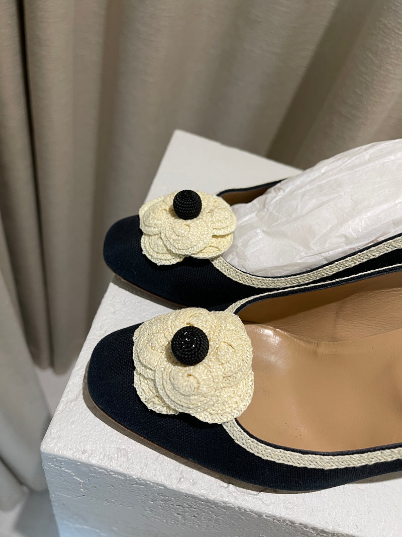 Chanel Black Leather Camelia Flower Ballet Flats Size 39