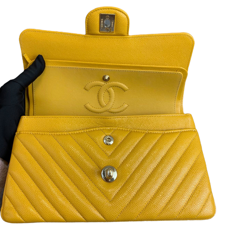 Small Classic Chevron Flap Caviar Yellow SHW