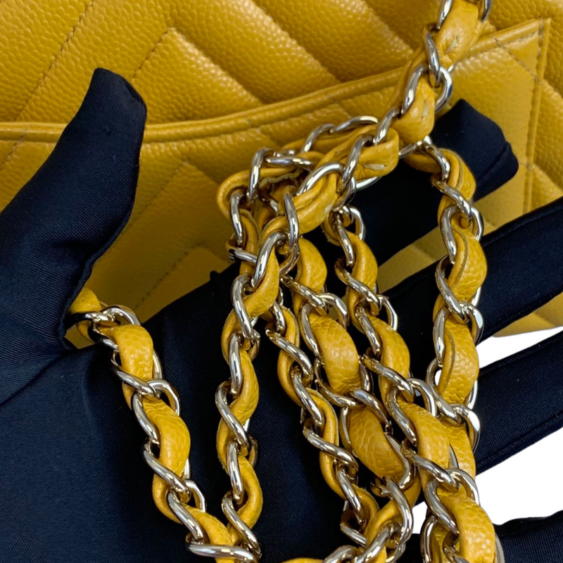 Small Classic Chevron Flap Caviar Yellow SHW
