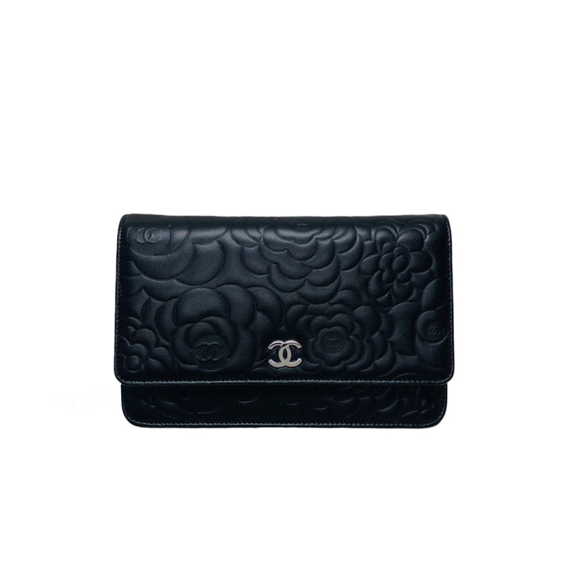 CHANEL Lambskin Camellia Quilted Leather Mini Vanity Messenger Bag Black