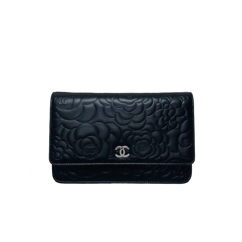 Camellia Embossed WOC Clutch Bag in Black Lambskin with SHW