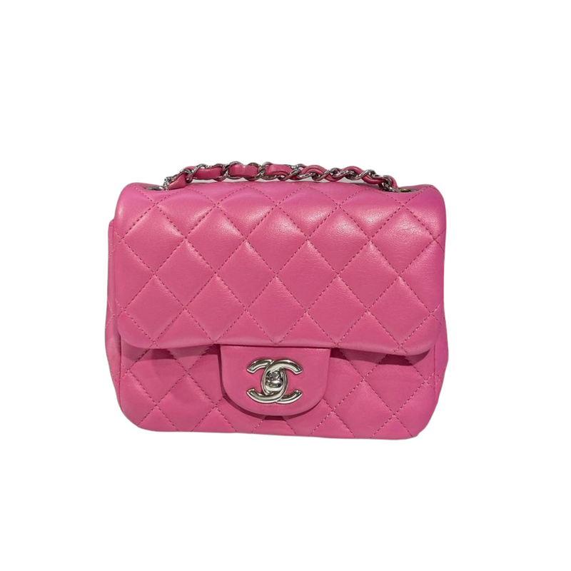 Chanel mini square flapbag fuchsia lambskin ghw