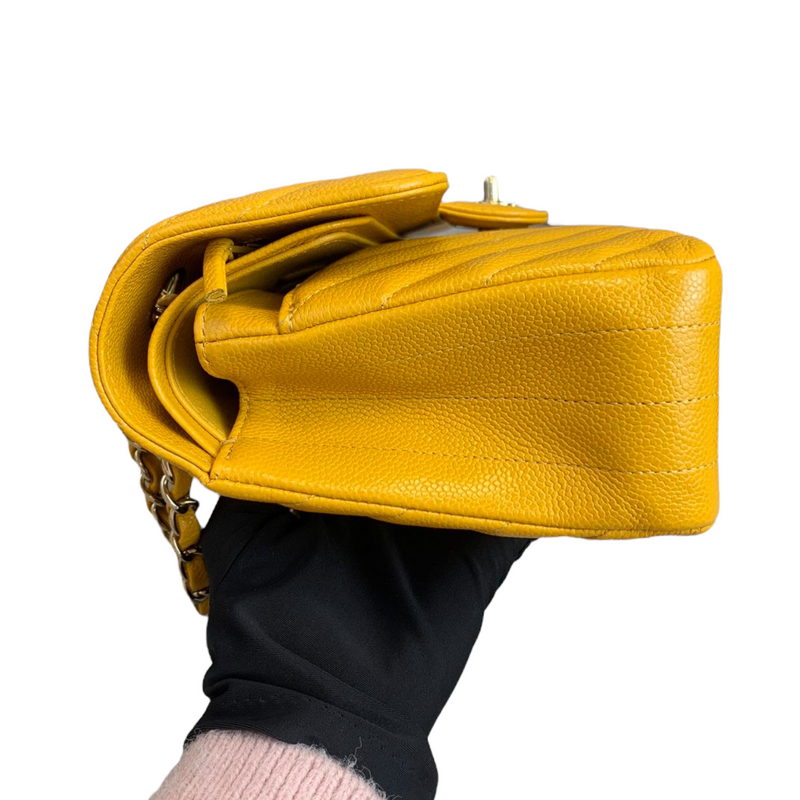 Small Classic Chevron Flap Caviar Yellow SHW
