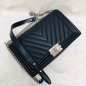 Le Boy Chevron Calfskin Flap Bag with Shiny Silver Hardware New Medium