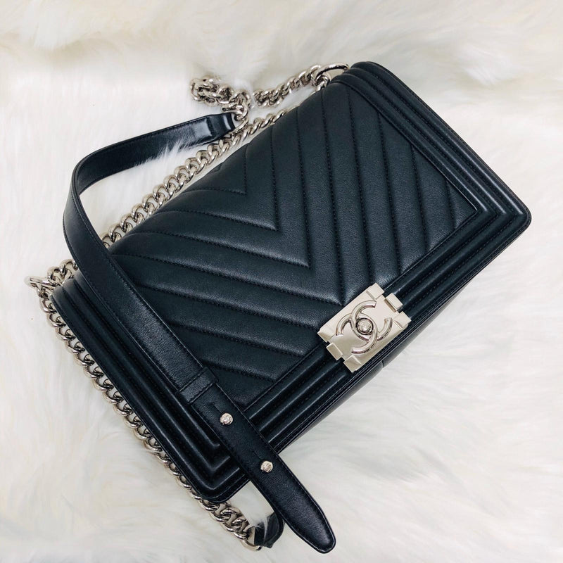 Le Boy Chevron Calfskin Flap Bag with Shiny Silver Hardware New Medium