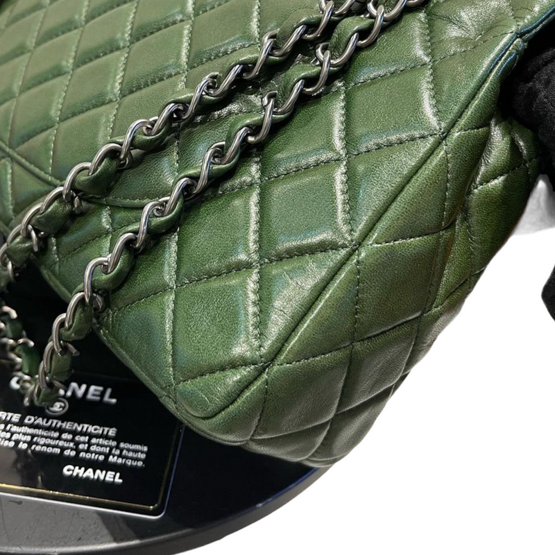 CHANEL Medium Classic Double Flap Bag Green Lambskin - Bellisa