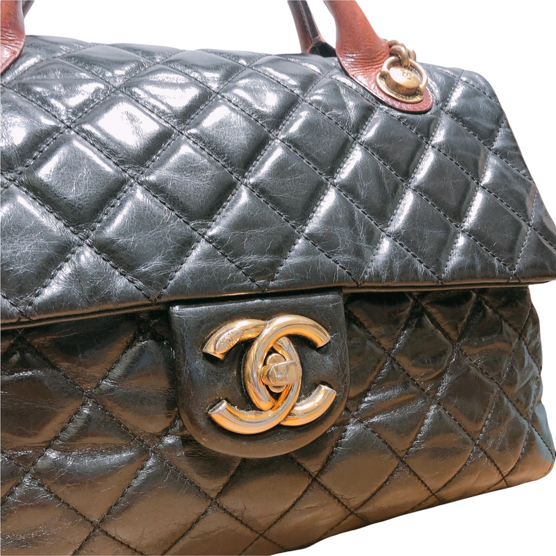 Chanel Black Quilted Glazed Leather Medium Castle Rock Top Handle Bag Chanel
