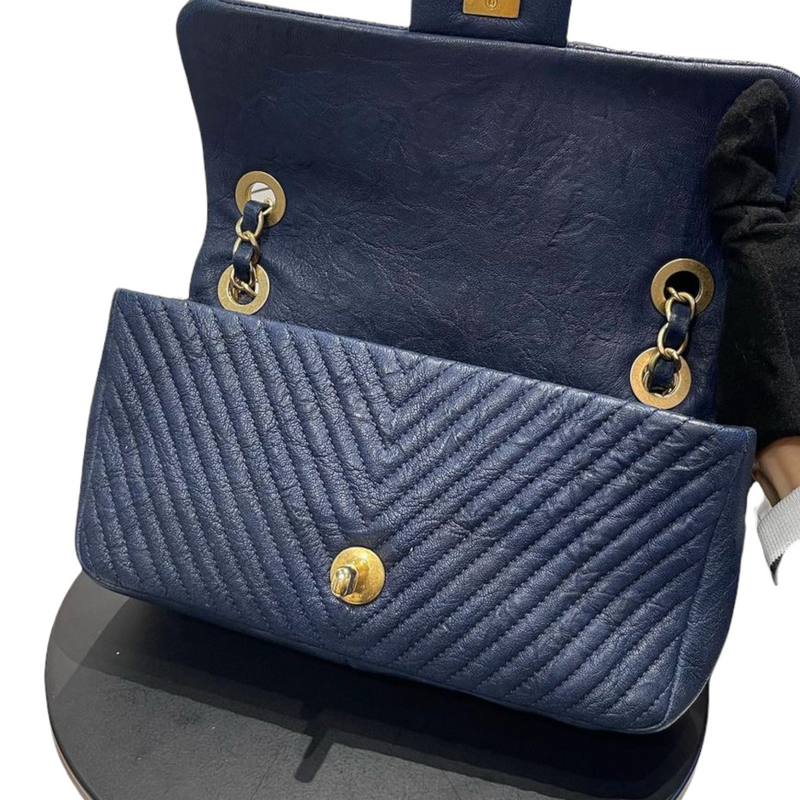 Chevron Flap Mini Lambskin Dark Blue GHW