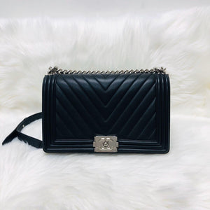 Le Boy Chevron Calfskin Flap Bag with Shiny Silver Hardware New Medium