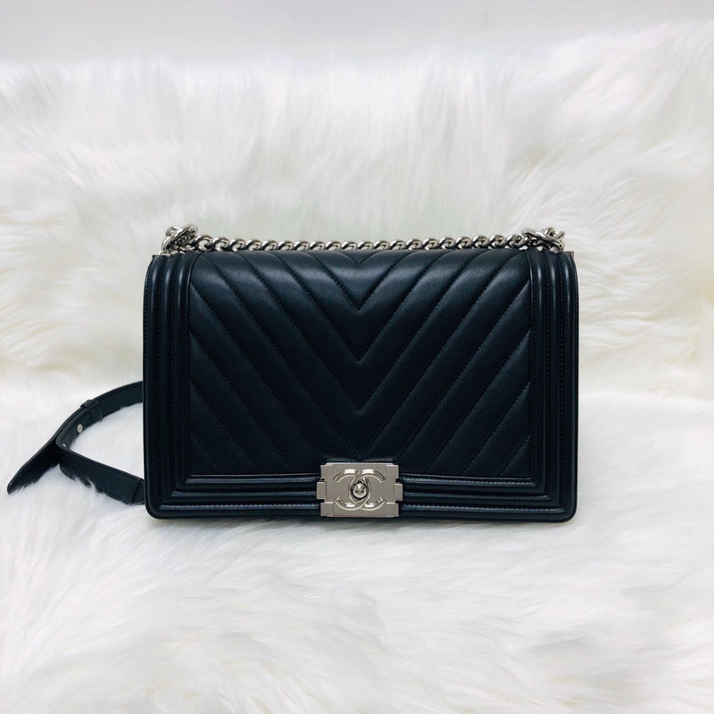 Le Boy Chevron Calfskin Flap Bag with Shiny Silver Hardware New Medium