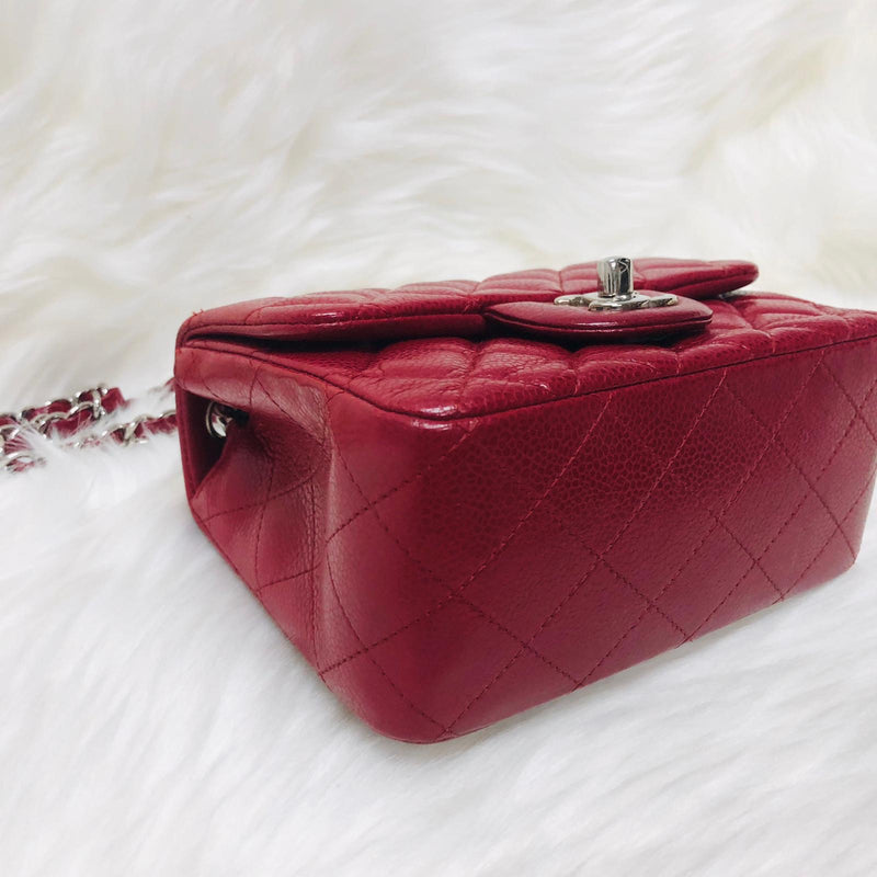 Chanel Mini square handbag in red caviar quilted leather, Silver