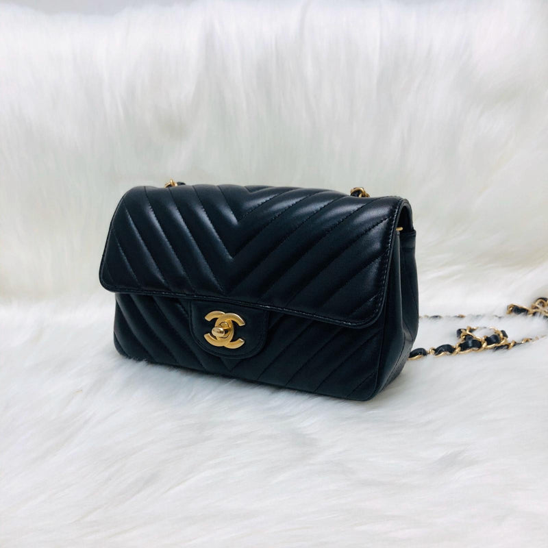 Mini Rectangular Chevron in Black Lambskin Leather with  GHW