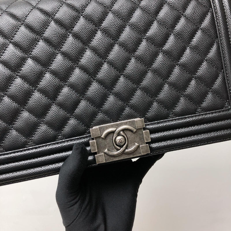 Chanel bag authentic Black Caviar leather medium classic flap Ruthenium  hardware