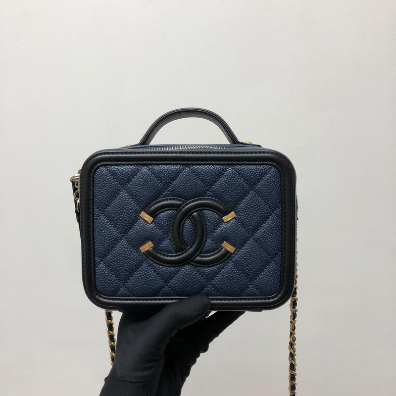 Small Caviar Quilted Filigree Vanity Case Blue/Black