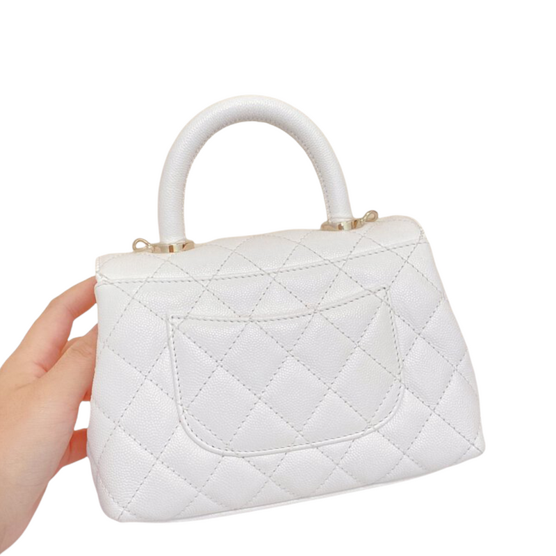 Chanel Top Handle Mini Rectangular Flap Bag White Caviar Aged Gold Har –  Coco Approved Studio