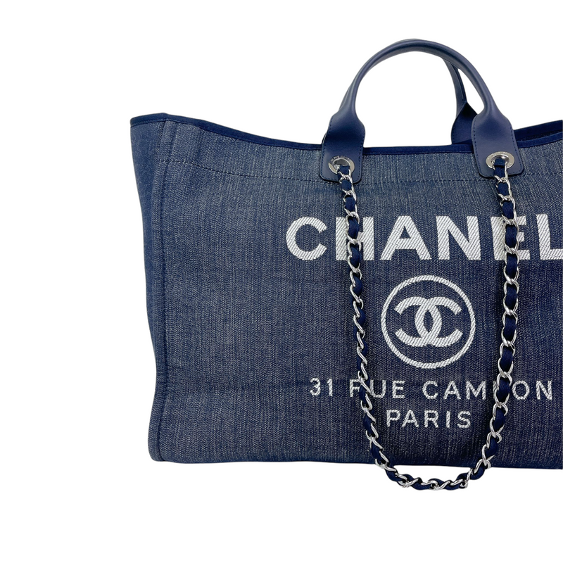 Chanel Small Deauville Shopping Tote in Dark Blue Denim Fabric and LGHW