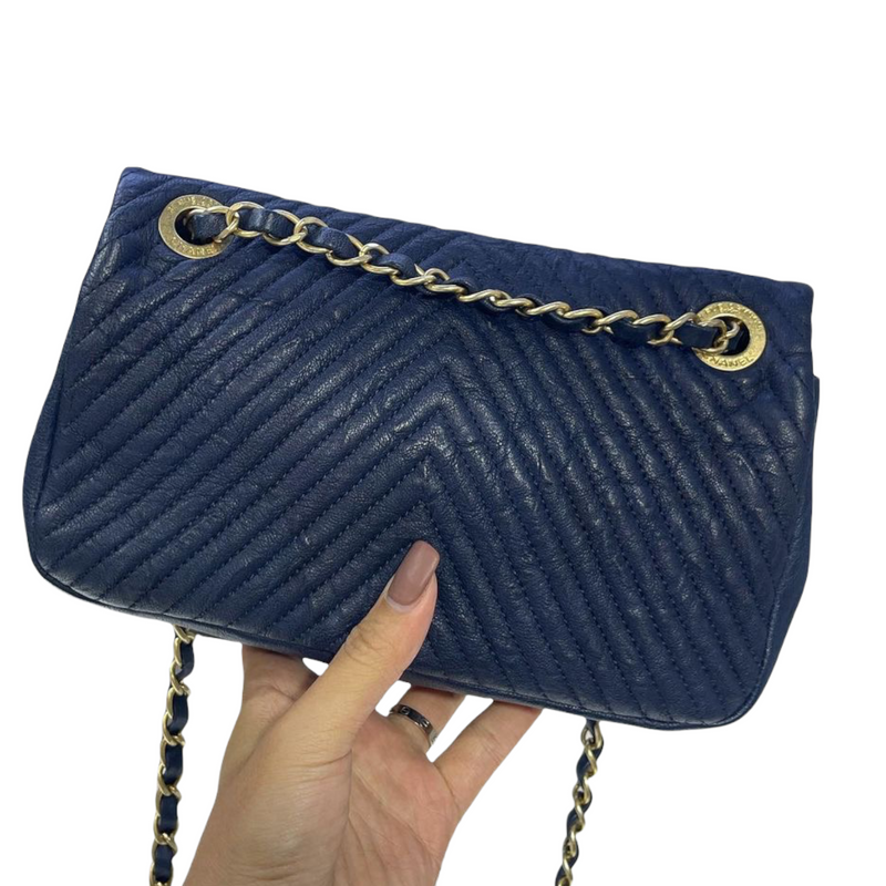 Chevron Flap Mini Lambskin Dark Blue GHW