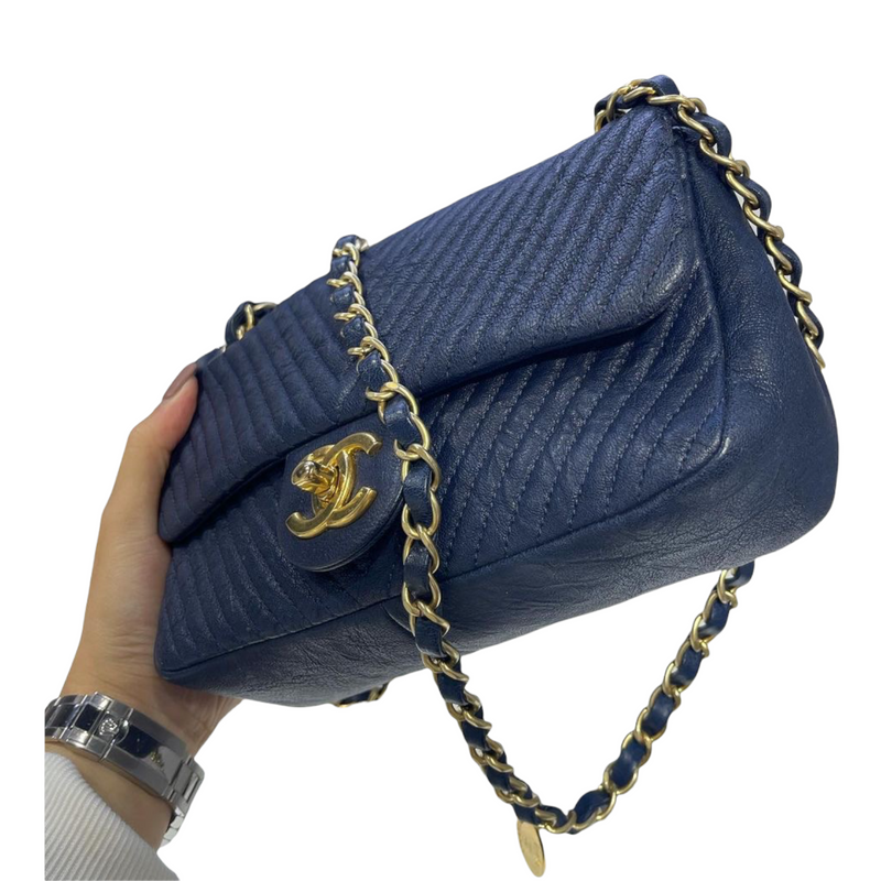 Chevron Flap Mini Lambskin Dark Blue GHW