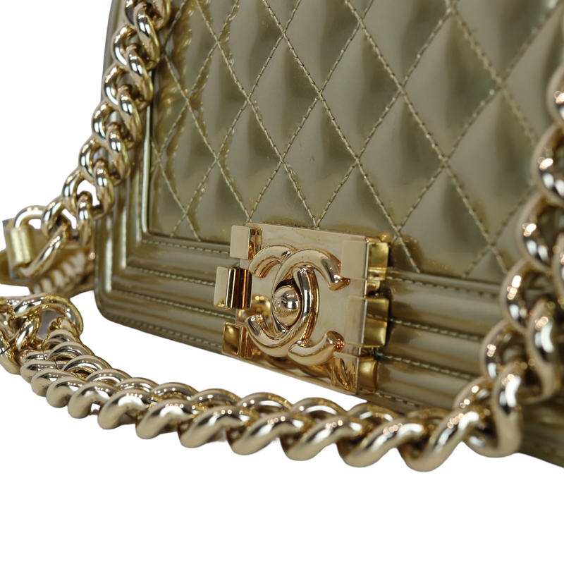 CHANEL Small Boy CC Chain Leather Shoulder Bag Metallic Gold