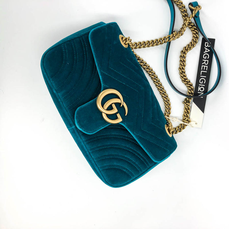 Marmont Matelasse Shoulder Bag Small in Peacock Blue Velvet