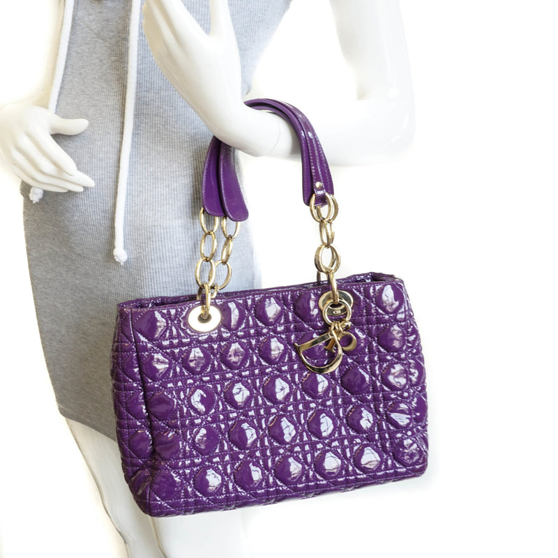 Cannage Quilted Purple Leather Soft Small Shopping Tote