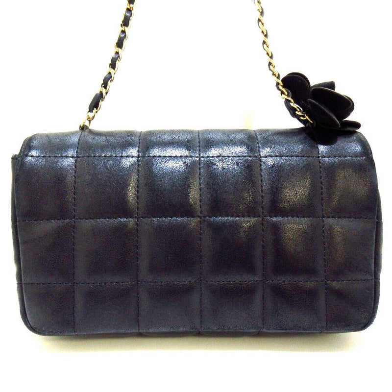 CHANEL Camellia Chocolate Bar Chain Shoulder Bag Black Quilted