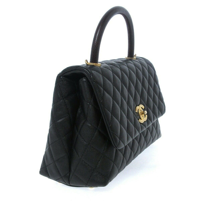 Chanel Large Lizard Coco Handle Flap Black Caviar Antique Gold