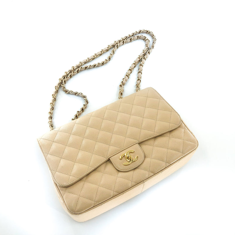 Vintage Jumbo Flap Bag in Beige Caviar Leather